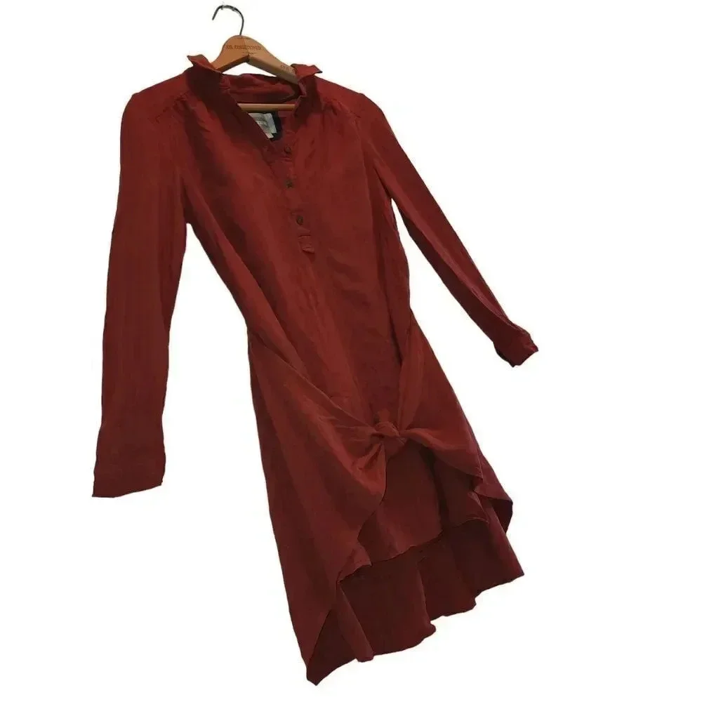Anthropologie Maeve Tunic Shirt Dress Women Size 0 Burnt Rust Orange Long Sleeve